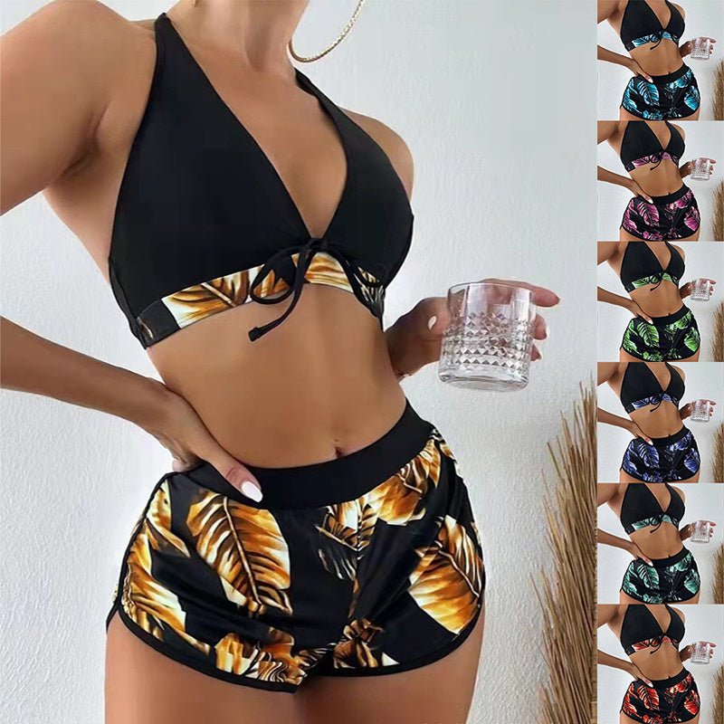 3piece Leaf Print Bikini With Shorts Fashion Summer Beach Swimsuit Womens Clothing - touchydesign