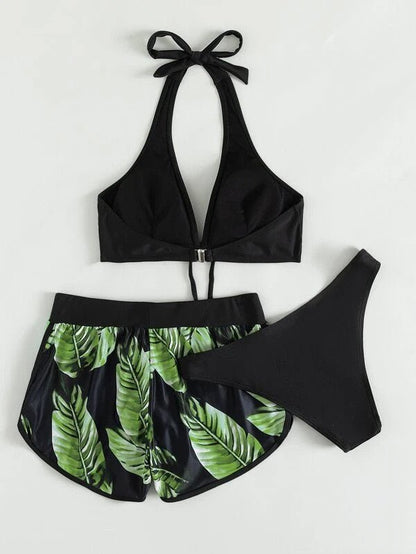 3piece Leaf Print Bikini With Shorts Fashion Summer Beach Swimsuit Womens Clothing - touchydesign