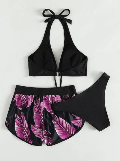 3piece Leaf Print Bikini With Shorts Fashion Summer Beach Swimsuit Womens Clothing - touchydesign