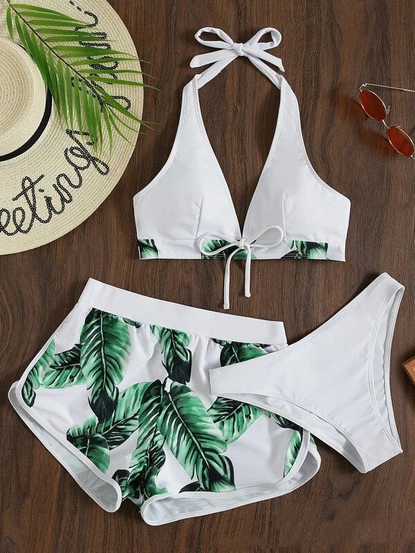 3piece Leaf Print Bikini With Shorts Fashion Summer Beach Swimsuit Womens Clothing - touchydesign