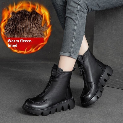 Cotton Leather Platform Motorcycle Boots - Soft Retro Muffin Heel"