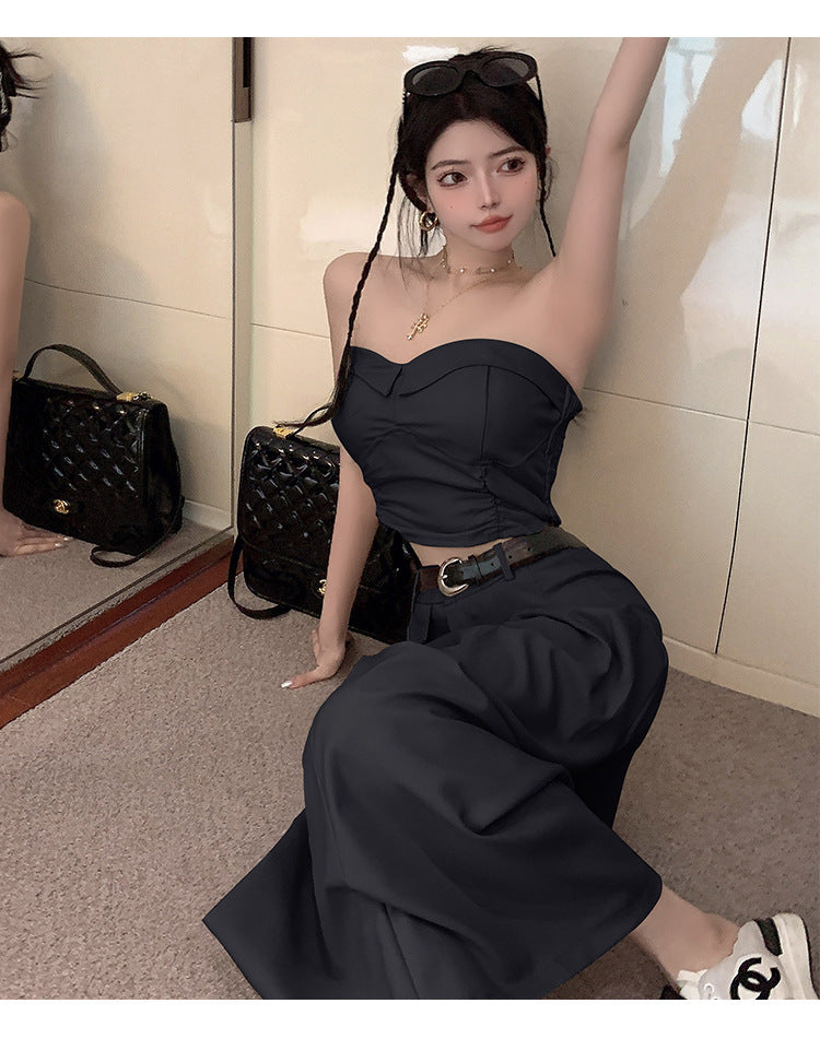 Women's Design Sense Slimming High Waist With Belt Long Skirt Tube Top Two-piece Set touchydesign