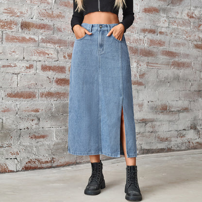 Women's Summer Washed Denim Elastic Waist Denim Skirt touchydesign