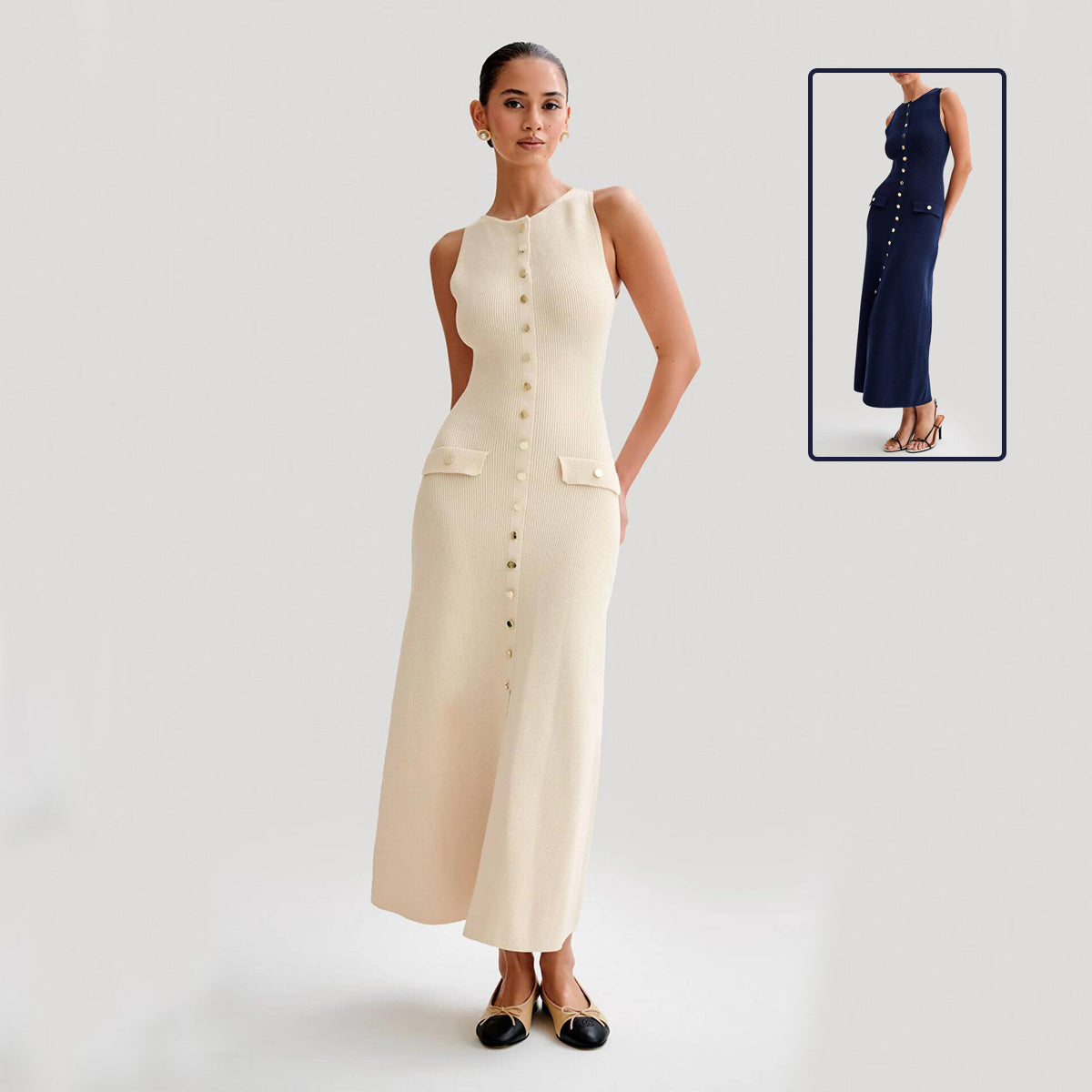 Elegant knitted sleeveless dress for women, featuring a slim fit, round neck, and single-breasted design. Long fashion dress in a chic style.