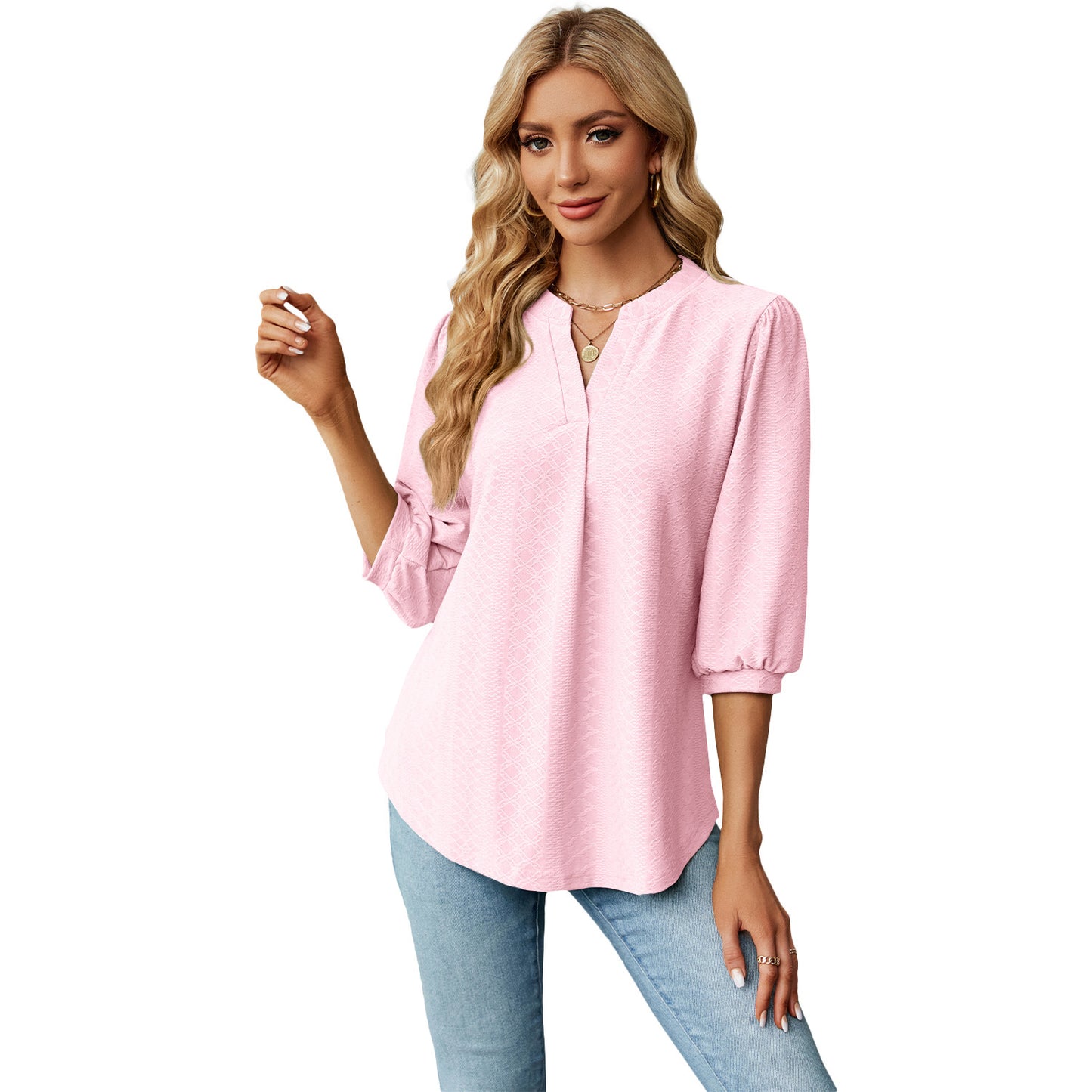 Women's solid color long sleeve top with lace collar and jacquard pattern. Loose-fitting T-shirt for a comfortable and stylish casual look.