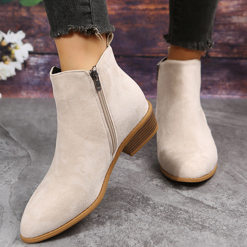 Pointed Suede Casual Shoes for Women - Thick Heel with Elastic Band, Stylish & Comfortable