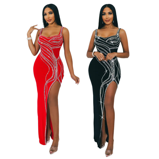 Women's Fashion Suspenders Solid Color Rhinestone High Slit Dress