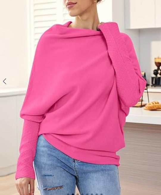 Women's Off-Shoulder Batwing Sleeve Sweater - Solid Color Round Neck Pullover for Fall Fashion