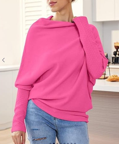 Women's Off-Shoulder Batwing Sleeve Sweater - Solid Color Round Neck Pullover for Fall Fashion