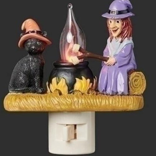 2024 Halloween Cat and Witch Bonfire Night Light - Spooky Halloween Decor Featuring a Cat and Witch by a Bonfire"