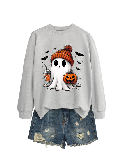 Fashionable long sleeve crew neck sweatshirt in milk tea color with pumpkin and bat print, perfect for fall and Halloween.