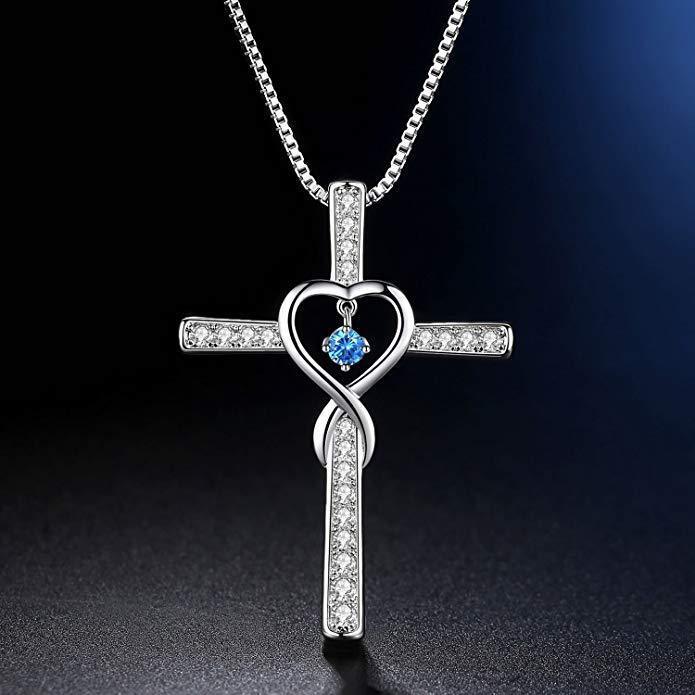 Infinity Love God We Trust Christian Cross Birthstone Crystal Pendant Necklace Colour Gems Zircon Heart Necklace Women Jewelry touchydesign