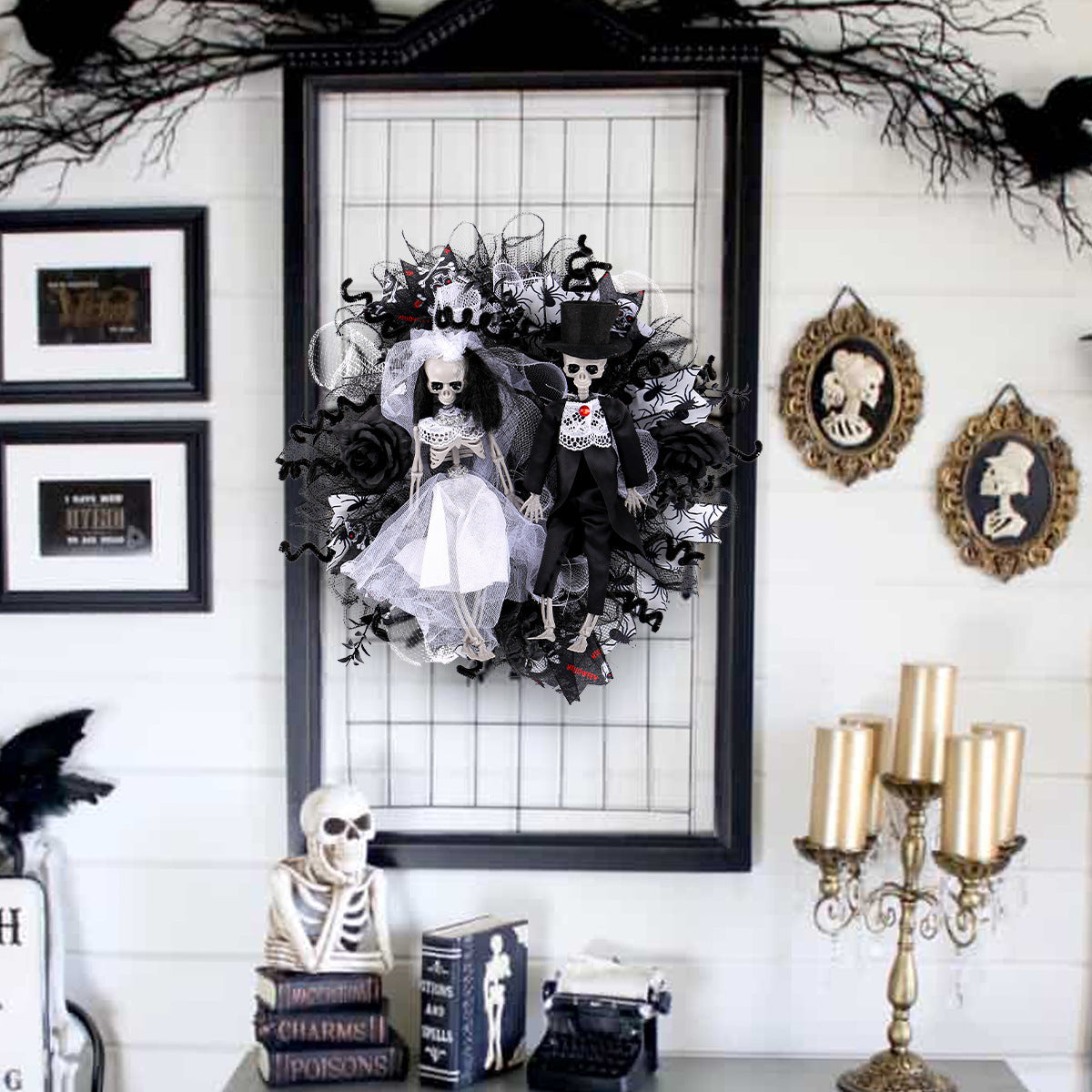 Halloween Skull Bride and Groom Mesh Garland featuring horror-themed decorations. Perfect for adding a chilling touch to your Halloween decor.