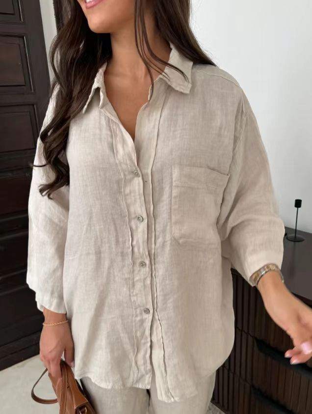 Casual linen 2-piece outfit for women featuring a long sleeve pocket shirt and wide leg pants in a loose, comfortable fit - ideal for high street fashion and summer style