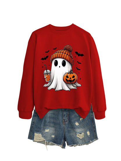 Fashionable long sleeve crew neck sweatshirt in milk tea color with pumpkin and bat print, perfect for fall and Halloween.