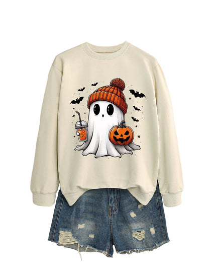 Fashionable long sleeve crew neck sweatshirt in milk tea color with pumpkin and bat print, perfect for fall and Halloween.