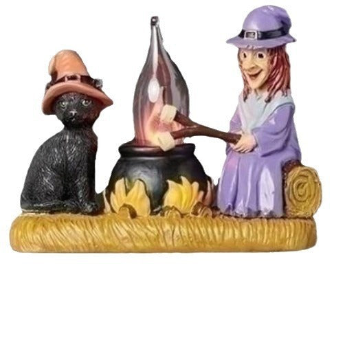 2024 Halloween Cat and Witch Bonfire Night Light - Spooky Halloween Decor Featuring a Cat and Witch by a Bonfire"