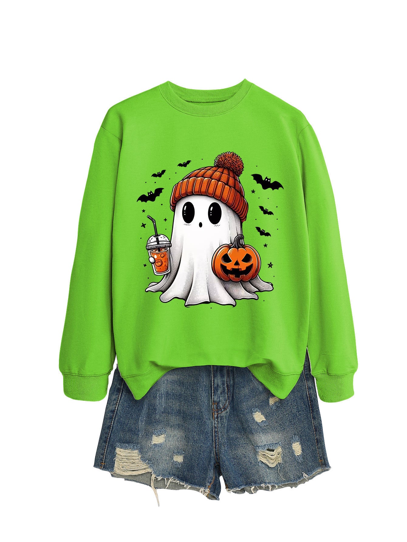 Fashionable long sleeve crew neck sweatshirt in milk tea color with pumpkin and bat print, perfect for fall and Halloween.