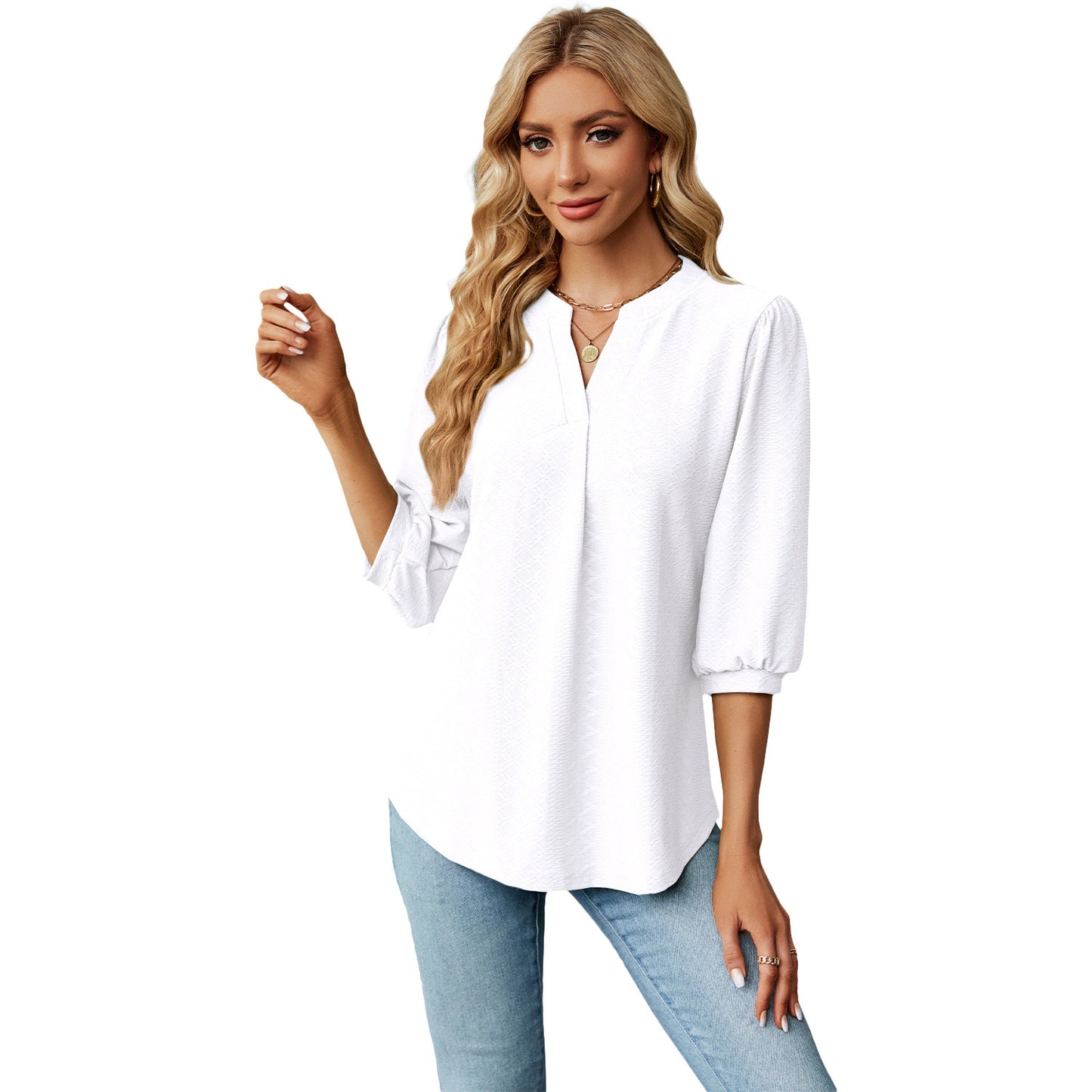 Women's solid color long sleeve top with lace collar and jacquard pattern. Loose-fitting T-shirt for a comfortable and stylish casual look.