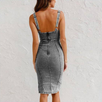 New U-neck Suspender Denim Dress Summer Casual Tight Slim Fit Dresses With Slit Design Womens Clothing touchydesign