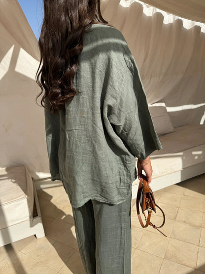 Casual linen 2-piece outfit for women featuring a long sleeve pocket shirt and wide leg pants in a loose, comfortable fit - ideal for high street fashion and summer style