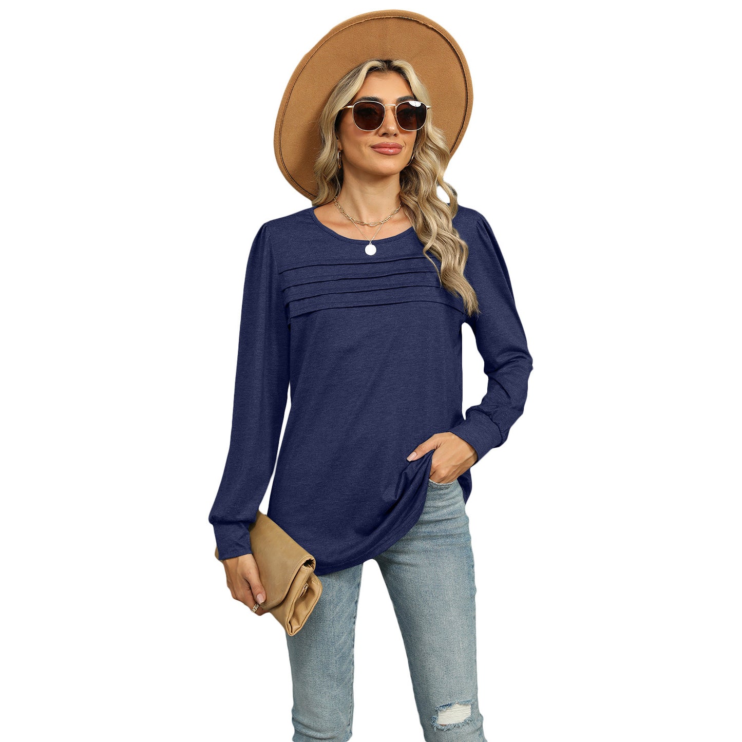 Women's solid color U-neck long-sleeve T-shirt with pleated design. Casual and stylish top for everyday wear.