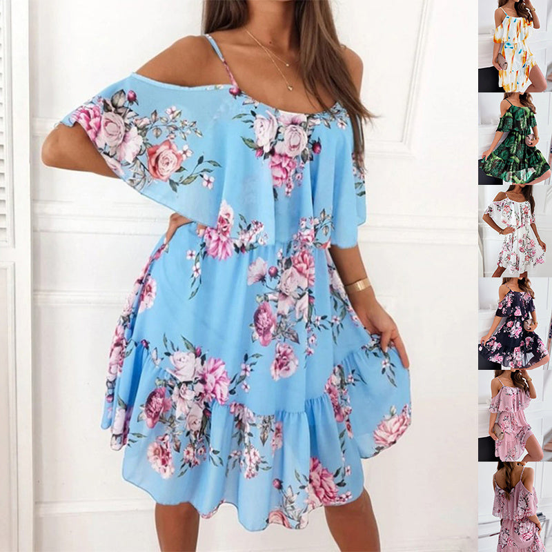 Flower Printed Ruffled Suspender Dress Summer Off-the-shoulder Strap Dresses Women touchydesign