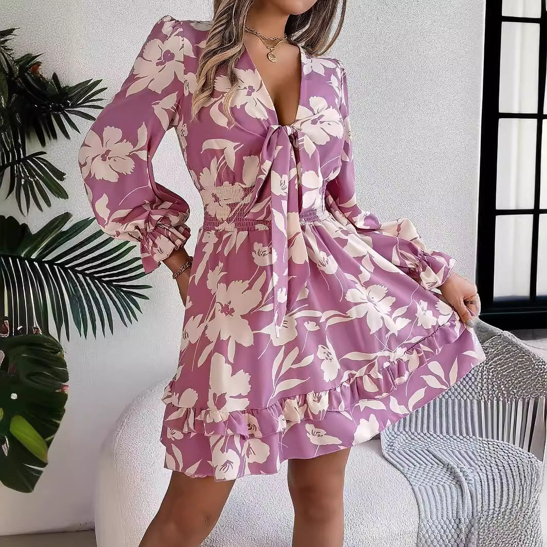 Floral Printed V-Neck Long Sleeve Dress | Ruffles & Bowknot A-Line Short Dress dress drl