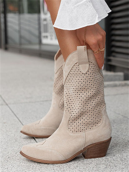 Mid-Heel Burnt-Out Suede Boots - Low-Cut Cotton Women's Footwear, Stylish & Comfortable