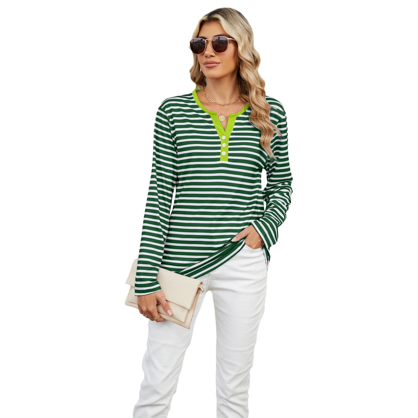 Women's V-neck striped long-sleeve T-shirt with a loose fit. Casual and comfortable top for everyday wear."