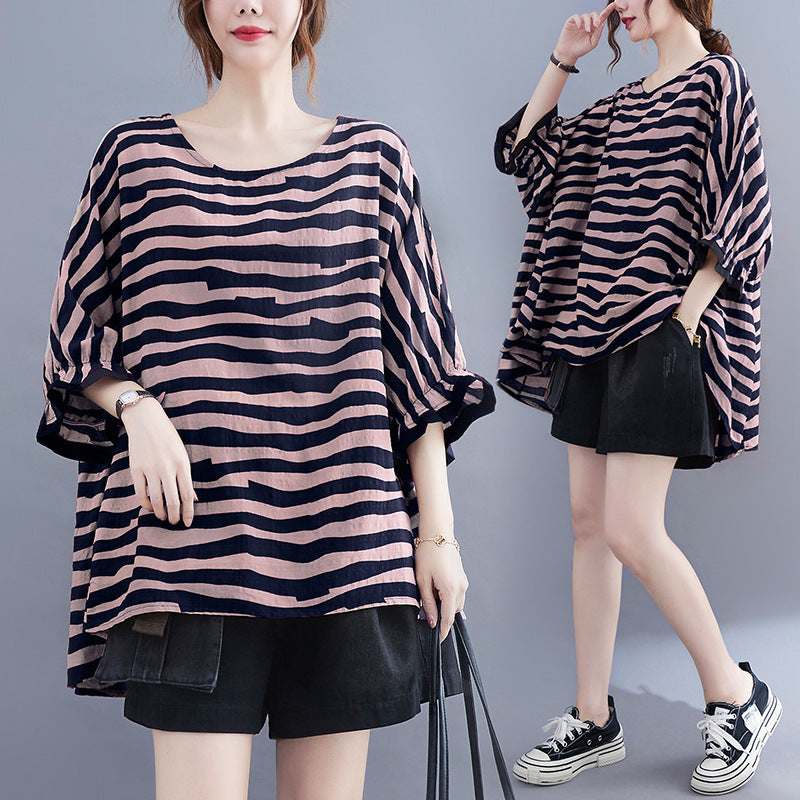 Summer Women's Loose Plus Size Striped Batwing Sleeve T-shirt