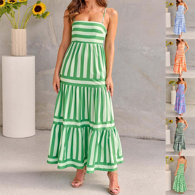 Summer Striped Printed Suspender Long Dress With Pockets Fashion Square Neck Backless Dresses For Beach Vacation Women Clothing touchydesign