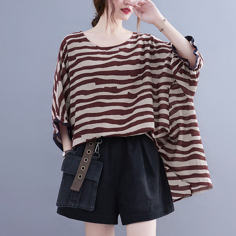 Summer Women's Loose Plus Size Striped Batwing Sleeve T-shirt