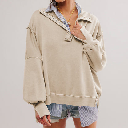 Women's Button Lapel Sweatshirt with Slit Design - Casual Sports Lantern Sleeve Pullover in Gray for Fall Fashion