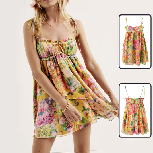 Y2K Flowers Print Suspender Dress Summer Fashion Ruffled Holiday Beach Short Dresses Womens Clothing touchydesign