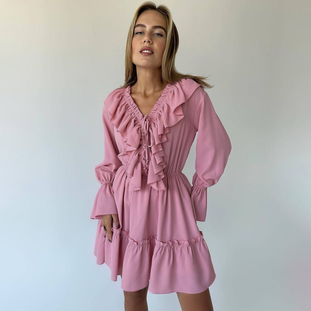 Women's Y2K V-Neck Pleated Ruffle Long Sleeve Dress with Flared Sleeves - Trendy Short Dress for Modern Fashion