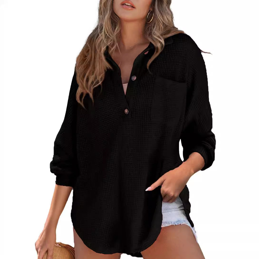 Women's waffle knit long sleeve top - loose fit for a chill, casual style. Cozy and comfortable oversized shirt perfect for relaxed wear