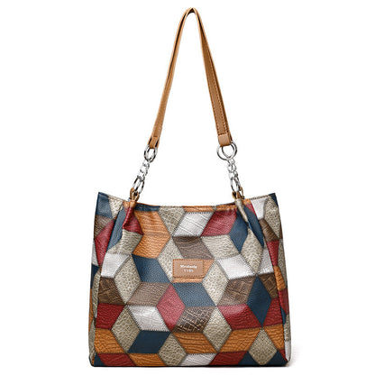 Retro geometric pattern color-matching shoulder bag with large capacity, stylish stitching design for women. Fashionable tote handbag in vibrant colors, perfect for everyday use.