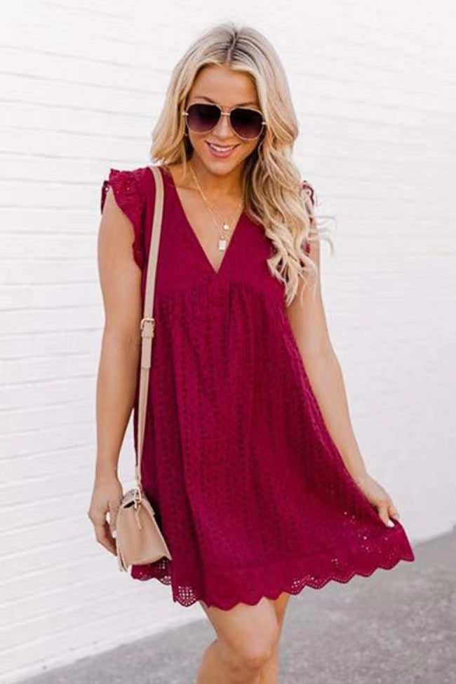 Lace Dresses With Pocket Summer Sleeveless Jacquard Cutout V-Neck Beach Dress touchydesign