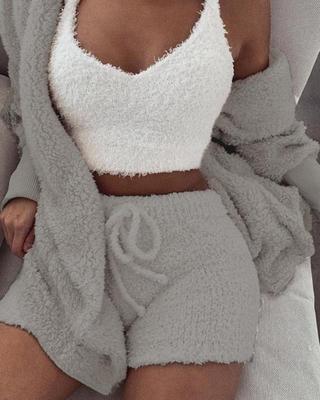 Women’s 3-Piece Pajama Set with Long Sleeve Crop Top and Drawstring Shorts