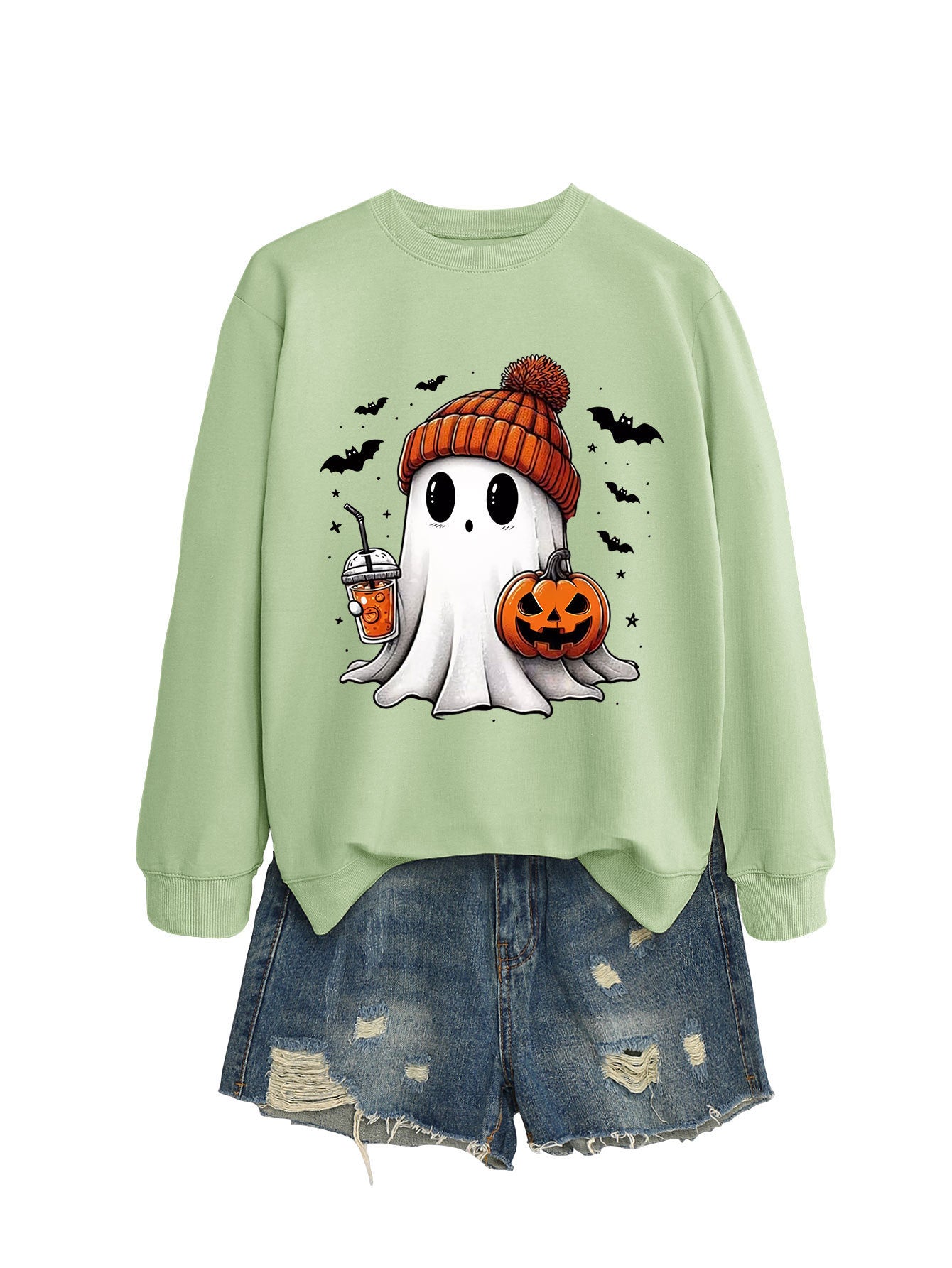 Fashionable long sleeve crew neck sweatshirt in milk tea color with pumpkin and bat print, perfect for fall and Halloween.