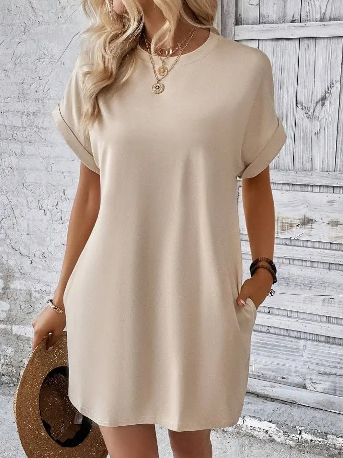 Long sleeve dress With Pockets Summer Casual Solid Color Round Neck Straight Dresses Womens Clothing touchydesign