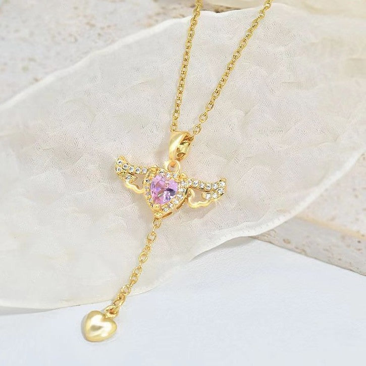 Valentine's Day gift - moving Cupid heart necklace with angel wings and crystal