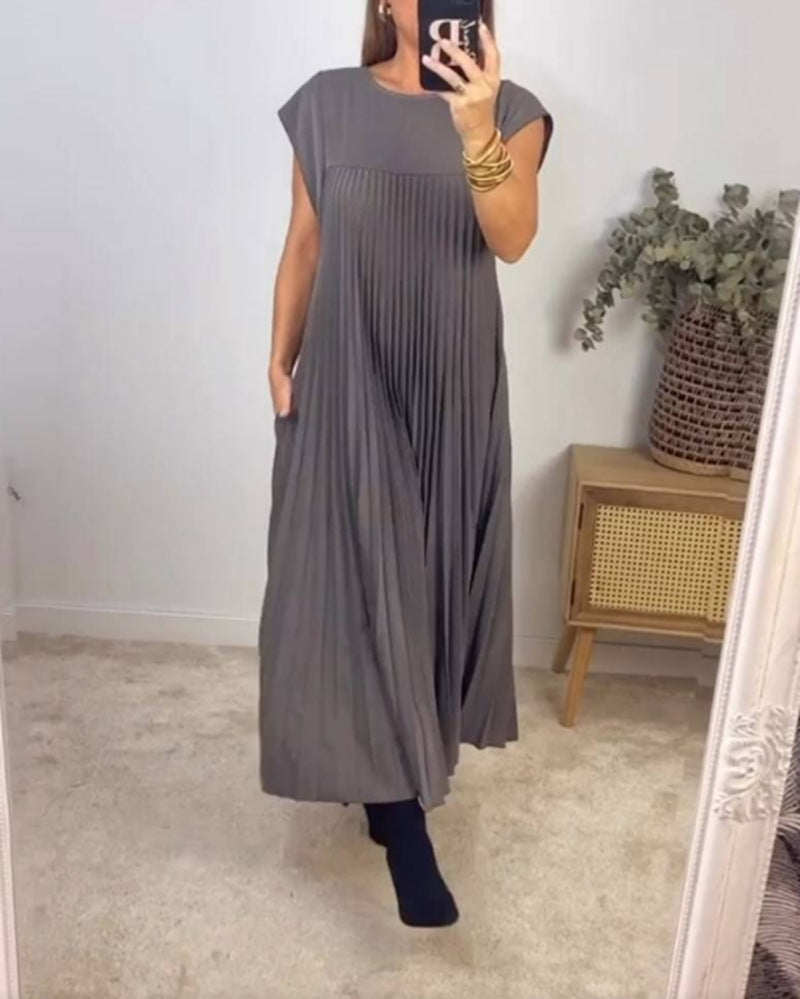 Short Sleeve Pleated Long Dress Summer Round Neck Dress Women's Clothing touchydesign