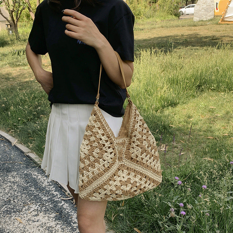 Women's Fashion Handmade Straw Woven Hollow Contrast Color Weave Shoulder Bag touchydesign