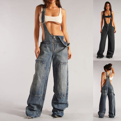 Y2K Denim Overalls for Women - Fashion Loose Jumpsuit with Pockets | Streetwear Zipper Jeans Pants"