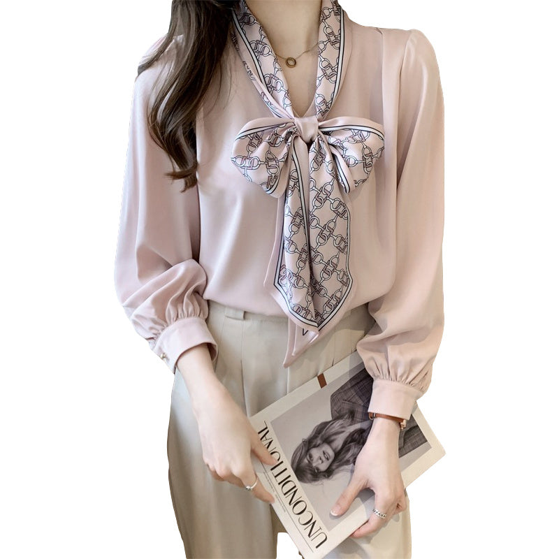 Professional Shirt Women''s Autumn Dress Long Sleeve Bow Ribbon Bubble Sleeve touchydesign