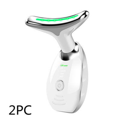 Colorful LED photon therapy beauty device for neck and face - tightens skin, reduces double chin, and smooths wrinkles. Anti-aging lifting massager for youthful appearance.