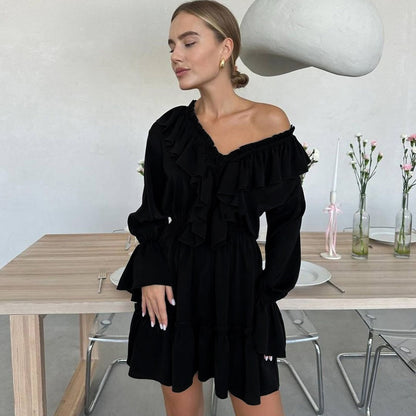 Women's Y2K V-Neck Pleated Ruffle Long Sleeve Dress with Flared Sleeves - Trendy Short Dress for Modern Fashion