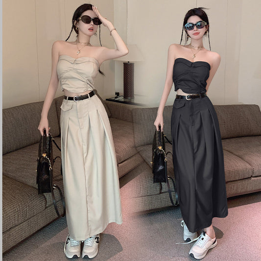 Women's Design Sense Slimming High Waist With Belt Long Skirt Tube Top Two-piece Set touchydesign